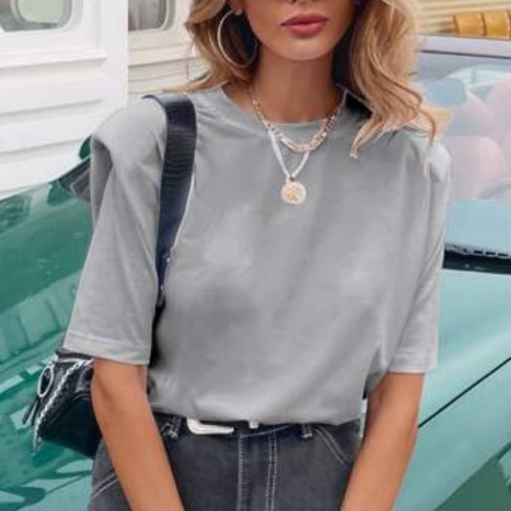 Shoulder Padded Casual Top - Gray